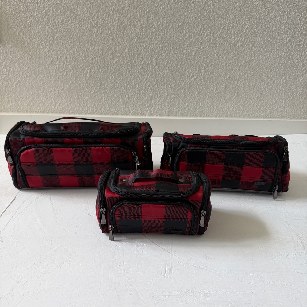 Lug Travel Cosmetics Case, Red and Black Plaid Pattern Set of 3
